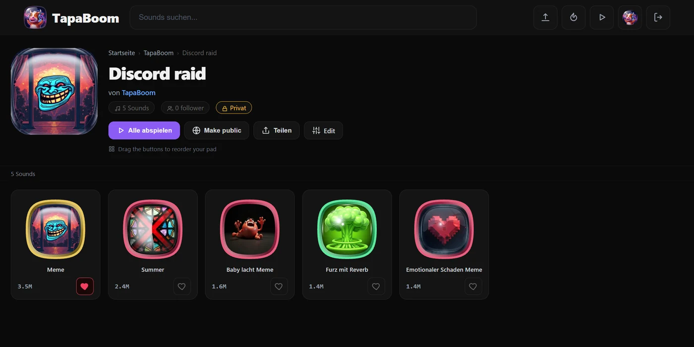 TapaBoom-Soundpad – ein benanntes Set von Sound-Buttons, bereit zum Drücken