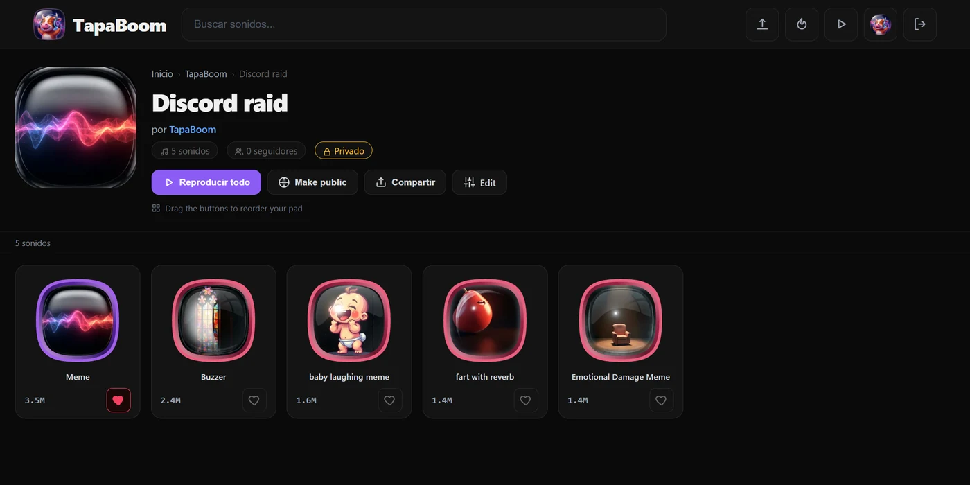 Soundpad de TapaBoom — conjunto con nombre de botones de sonido listos para pulsar