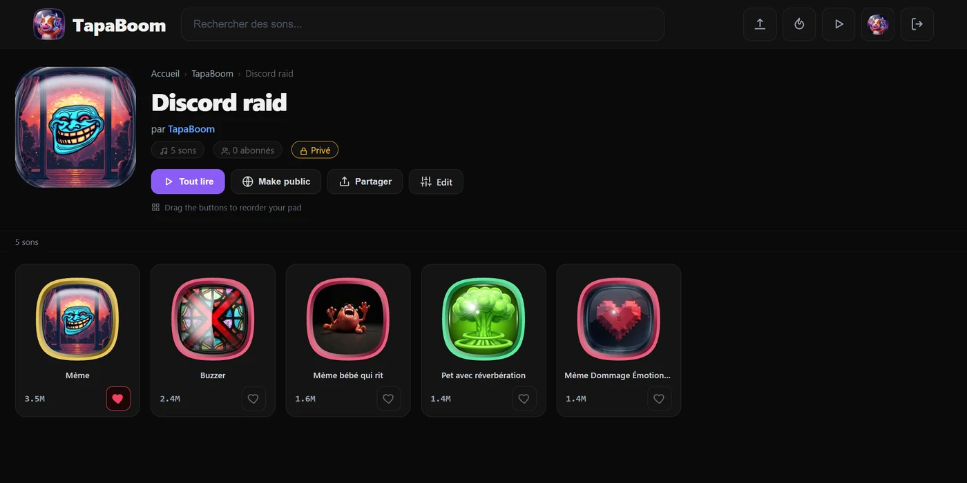 Soundpad TapaBoom — une collection nommée de boutons sonores prêts à être cliqués