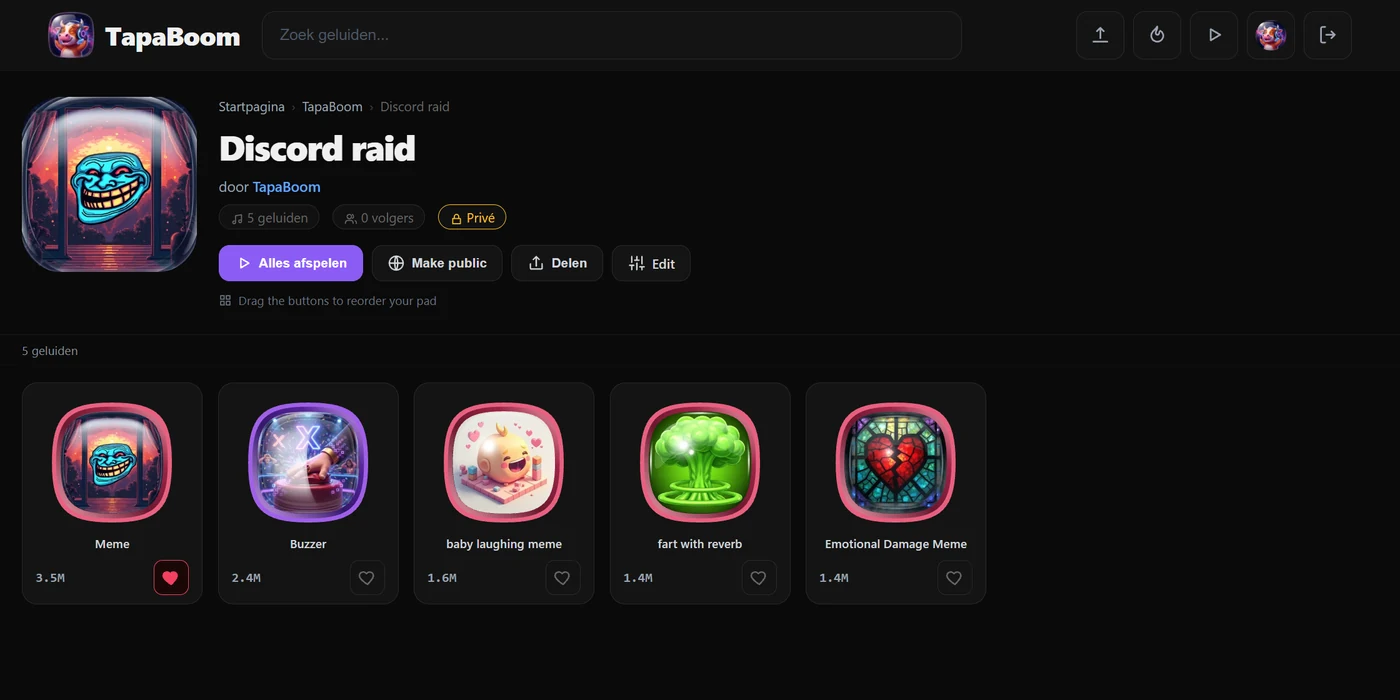 TapaBoom soundpad — een benoemde set geluidsknoppen, klaar om op te klikken