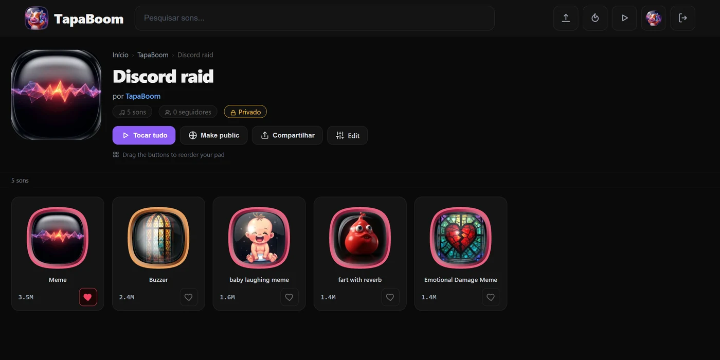 Soundpad TapaBoom — coleção nomeada de botões de som prontos pra tocar