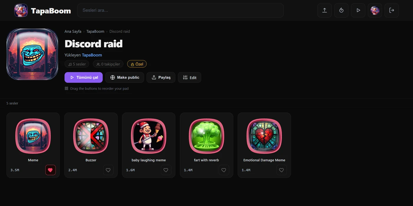 TapaBoom soundpad'i — basmaya hazır, adlandırılmış ses butonları seti