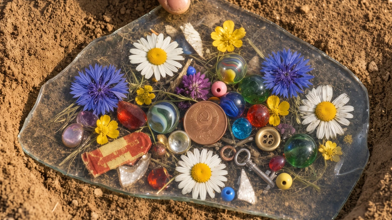 A sekretik — a childhood buried-treasure garden under a glass shard