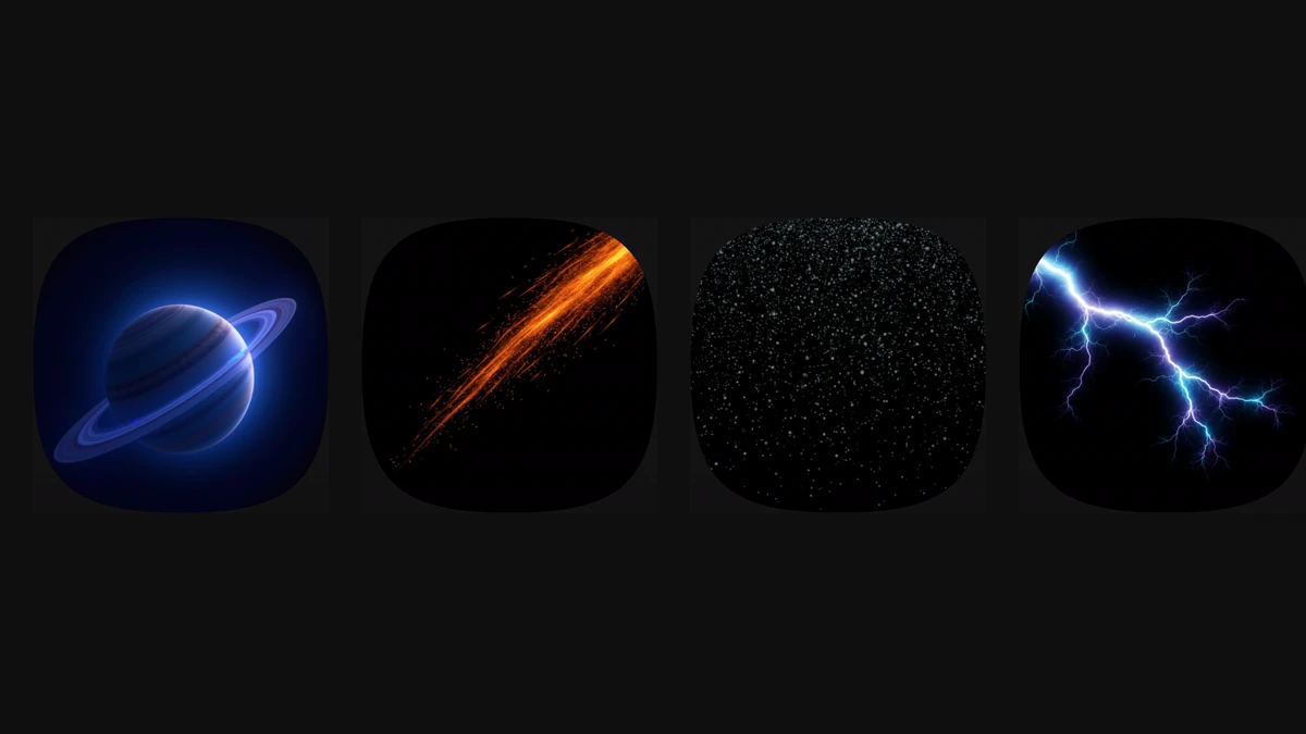 Four raw button layers on their own: an aurora, sparks, dust, lightning