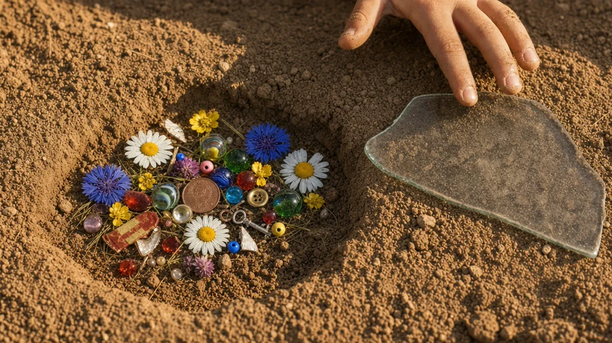 A hole in the ground with petals, beads and colored glass arranged inside