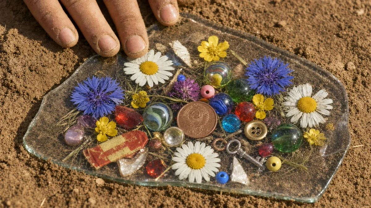 The composition is finished and a glass shard lies next to the hole