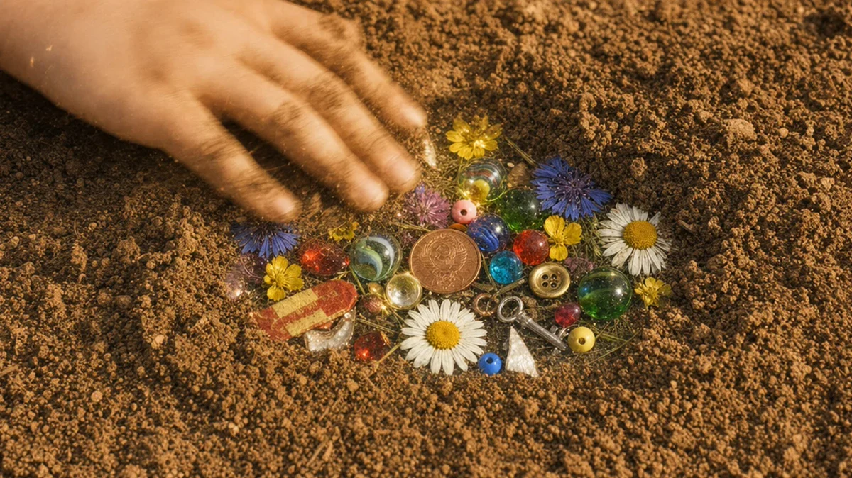 A child's hand brushing the dirt away to reveal the secret
