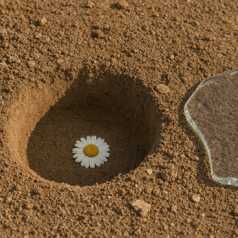 An empty hole and the glass shard waiting beside it.