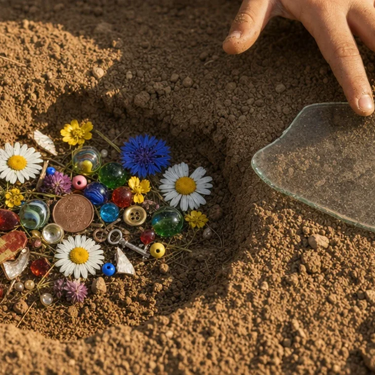 Arrange the whole scene — petals, colored glass, beads, a coin, a key.